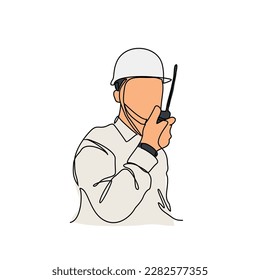 One continuous line drawing of a construction engineer doing coordination the site project. Construction Project design concept with simple linear style. Construction Project vector design illustratio