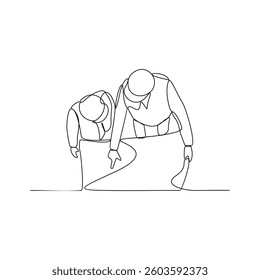 One continuous line drawing of construction engineer is reading the design and directing workers on site vector illustration. A construction engineer is working in site office vector illustration.
