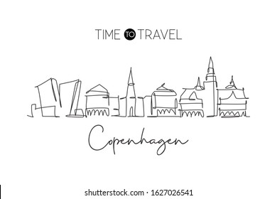 One Continuous Line Drawing Of Copenhagen City Skyline, Denmark. Beautiful Landmark. World Landscape Tourism Travel Vacation Poster. Editable Stylish Stroke Single Line Draw Design Vector Illustration