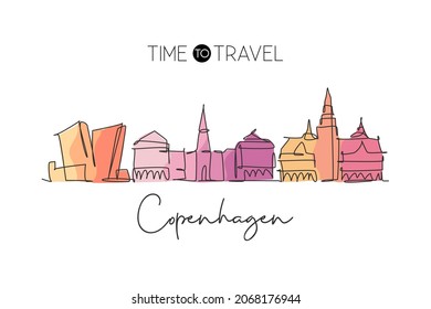 One continuous line drawing of Copenhagen city skyline, Denmark. Beautiful landmark. World landscape tourism travel vacation poster. Editable stylish stroke single line draw design vector illustration