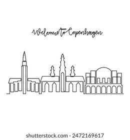 One continuous line drawing of Copenhagen skyline vector illustration. Modern city in Europe in simple linear style vector design concept. One big city in Denmark Iconic architectural building design