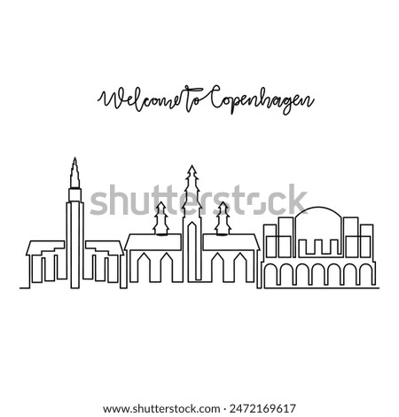 One continuous line drawing of Copenhagen skyline vector illustration. Modern city in Europe in simple linear style vector design concept. One big city in Denmark Iconic architectural building design