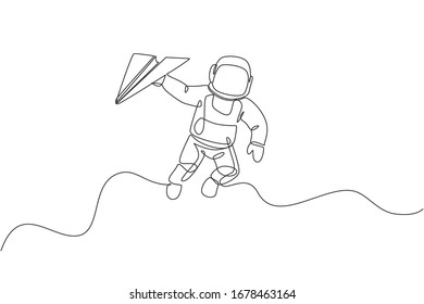 One continuous line drawing of cosmonaut exploring outer space. Astronaut holding paper plane. Fantasy cosmic galaxy discovery concept. Dynamic single line draw design vector illustration graphic