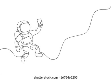 One continuous line drawing of cosmonaut exploring outer space. Astronaut selfie using smartphone device. Fantasy cosmic galaxy discovery concept. Dynamic single line draw design vector illustration