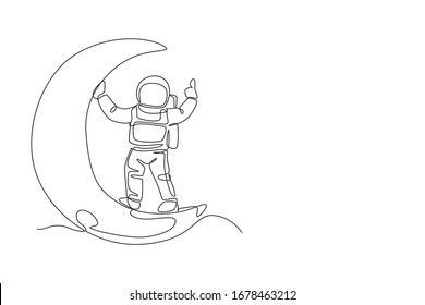 One continuous line drawing cosmonaut exploring outer space. Astronaut standing on crescent moot. Fantasy cosmic galaxy discovery concept. Dynamic single line draw design graphic vector illustration