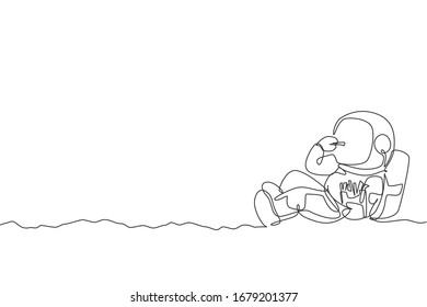 One continuous line drawing of cosmonaut laying relax on moon surface and eating french fries. Fantasy outer space astronaut life concept. Dynamic single line draw design vector illustration graphic
