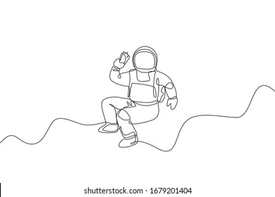 One continuous line drawing of cosmonaut eating spicy Mexican taco in galactic universe. Fantasy outer space astronaut life concept. Dynamic single line draw design vector illustration graphic