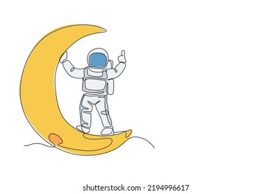 One continuous line drawing cosmonaut exploring outer space. Astronaut standing on crescent moot. Fantasy cosmic galaxy discovery concept. Dynamic single line draw design graphic vector illustration