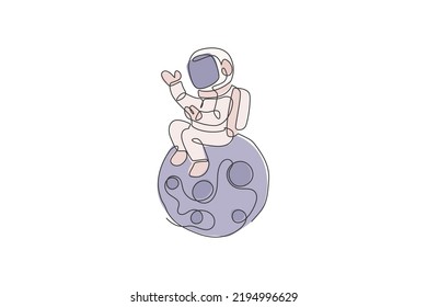 One Continuous Line Drawing Of Cosmonaut Exploring Outer Space. Astronaut Sitting On Full Moon. Fantasy Cosmic Galaxy Discovery Concept. Dynamic Single Line Draw Design Vector Graphic Illustration