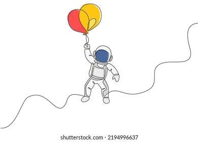 One continuous line drawing of cosmonaut exploring outer space. Astronaut flying with balloons. Fantasy cosmic galaxy discovery concept. Dynamic single line draw graphic design vector illustration