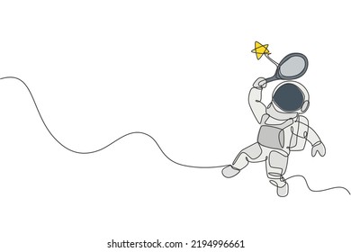 One continuous line drawing of cosmonaut exploring outer space. Astronaut hitting star with racket. Fantasy cosmic galaxy discovery concept. Dynamic single line draw graphic design vector illustration