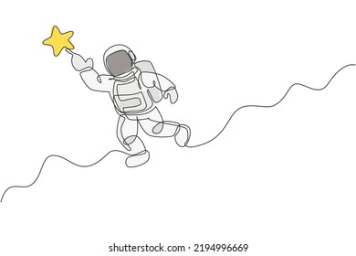 One continuous line drawing of cosmonaut exploring outer space. Astronaut reaching flying star. Fantasy cosmic galaxy discovery concept. Dynamic single line draw graphic design vector illustration