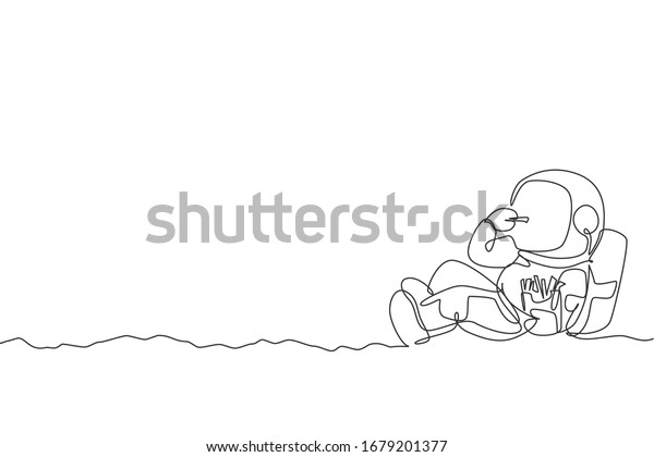 One continuous line drawing of cosmonaut laying\
relax on moon surface and eating french fries. Fantasy outer space\
astronaut life concept. Dynamic single line draw design vector\
illustration graphic