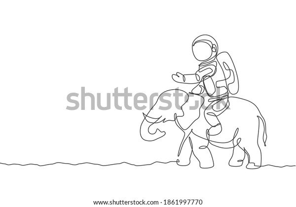 One continuous line drawing of cosmonaut
with spacesuit riding Aisan elephant, wild animal in moon surface.
Astronaut zoo safari journey concept. Trendy single line draw
design vector illustration