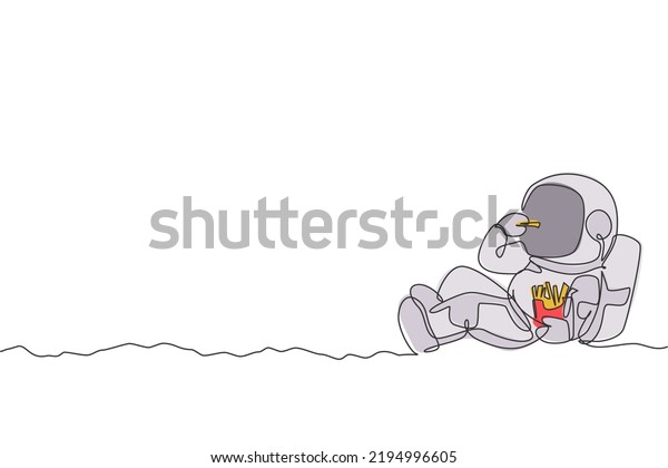 One continuous line drawing of cosmonaut laying\
relax on moon surface and eating french fries. Fantasy outer space\
astronaut life concept. Dynamic single line draw design vector\
illustration graphic