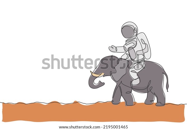 One continuous line drawing of cosmonaut
with spacesuit riding Aisan elephant, wild animal in moon surface.
Astronaut zoo safari journey concept. Trendy single line draw
design vector illustration
