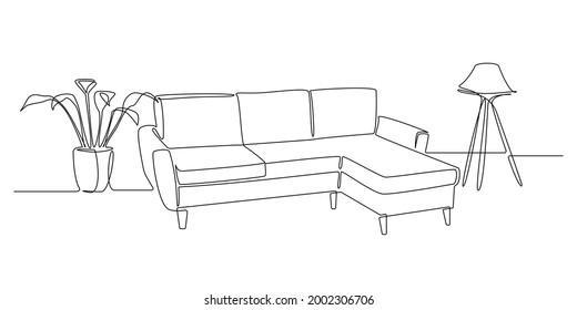 One continuous line drawing of couch or sofa with lamp and potted plant. Modern scandinavian furniture in simple linear style. Editable stroke Vector illustration