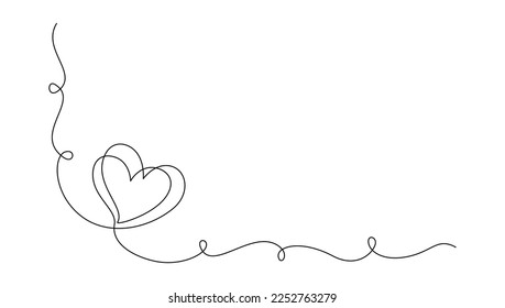 One continuous line drawing of couple hearts and love symbol. Thin curl border and romantic symbol in simple linear style. Editable stroke. Minimalistic Doodle vector illustration