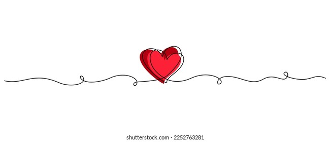 One continuous line drawing of couple hearts and love symbol. Thin curl border and romantic symbol in simple linear style. Editable stroke. Minimalistic outline vector illustration