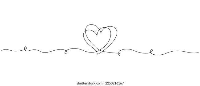 One continuous line drawing of couple hearts and love symbol. Thin curl border and romantic symbol in simple linear style. Editable stroke. Modern Doodle vector illustration