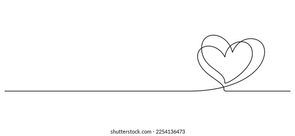 One continuous line drawing of couple hearts and love symbol. Thin curl border and romantic symbol in simple linear style. Editable stroke. Minimalistic border and Doodle vector illustration