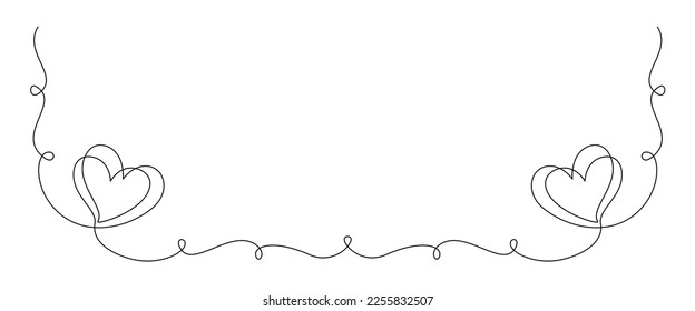 One continuous line drawing of couple hearts and love symbol. Thin curl border and romantic symbol in simple linear style. Editable stroke. Minimalistic hand drawn vector illustration