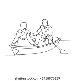 One continuous line drawing of a couple is rowing on a lake vector illustration. Sport that combines physical exertion, teamwork, and the beauty of gliding across the water with simple linear vector.