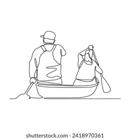 One continuous line drawing of a couple is rowing on a lake vector illustration. Sport that combines physical exertion, teamwork, and the beauty of gliding across the water with simple linear vector.