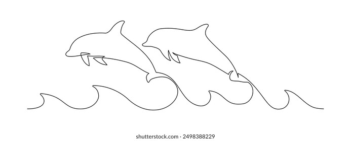 One continuous line drawing of couple of dolphin. Sea animal in wildlife in simple linear style. Summer concept in Editable stroke. Doodle contour vector illustration