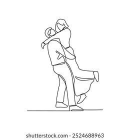 Um desenho de linha contínua de um casal abraçando-se outra ilustração vetorial. Conceito de design de afeição em vetor de estilo linear simples. Ótimo design para convite de festa de casamento e propósito de educação.