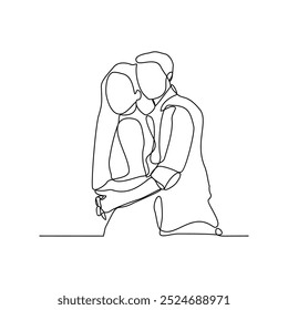 One continuous line drawing of a couple hugging each other vector illustration. Affection design concept in simple linear style vector. Great design for wedding party invitation and education purpose.