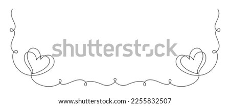 One continuous line drawing of couple hearts and love symbol. Thin curl border and romantic symbol in simple linear style. Editable stroke. Minimalistic hand drawn vector illustration