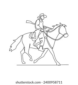 Un dibujo de línea continua de un vaquero se monta a caballo mientras sostiene una ilustración portadora de arma. ilustración de diseño cowboy concepto de vector de estilo lineal simple. diseño vectorial de vaquero para activos.