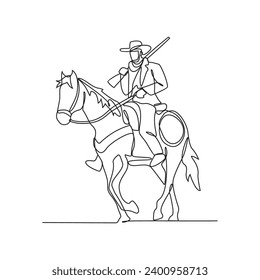 Eine fortlaufende Linienzeichnung eines Cowboys ist das Reiten eines Pferdes, während er eine Vektorgrafik mit einer Waffe hält. Cowboy Design Illustration einfachen linearen Stil Vektorkonzept. Cowboy-Vektordesign für Objekt.