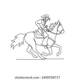 One continuous line drawing of a cowboy is riding a horse while holding a gun vector illustration. cowboy design illustration simple linear style vector concept. cowboy vector design for asset.