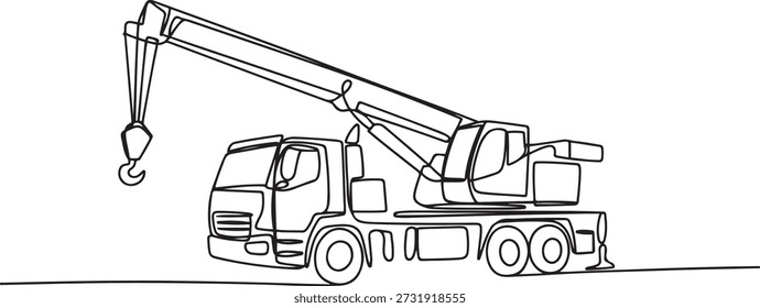 Un dibujo de línea continua de camión grúa para construcción de edificios, vehículos comerciales comerciales comerciales. Concepto de equipo de camiones de construcción pesados. dibujo de iconos de una línea
