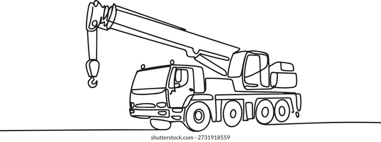 Un dibujo de línea continua de camión grúa para construcción de edificios, vehículos comerciales comerciales comerciales. Concepto de equipo de camiones de construcción pesados. dibujo de iconos de una línea
