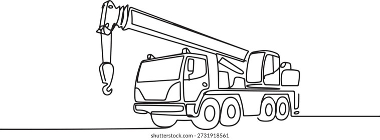 Un dibujo de línea continua de camión grúa para construcción de edificios, vehículos comerciales comerciales comerciales. Concepto de equipo de camiones de construcción pesados. dibujo de iconos de una línea
