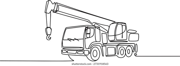 Un dibujo de línea continua de camión grúa para construcción de edificios, vehículos comerciales comerciales comerciales. Concepto de equipo de camiones de construcción pesados. dibujo de iconos de una línea
