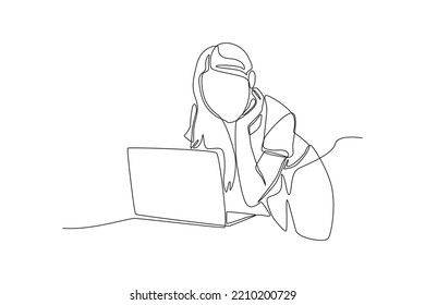 One continuous line drawing of a creative woman working online at her office desk. Coworking concept. Single line draw design vector graphic illustration.