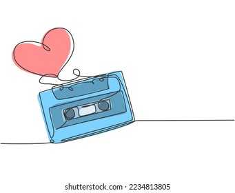 Un dibujo de línea continua de cinta creativa retro y cinta de cassette vintage formó forma de corazón. Concepto romántico de invitación a boda de una sola línea dibujar diseño gráfico vectorial