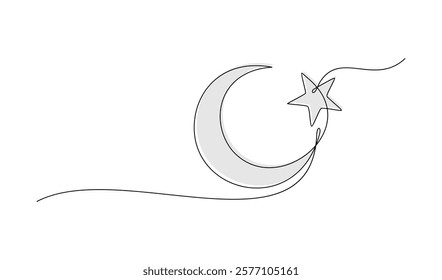 One continuous line drawing of crescent and star. Ramadan Kareem banner in simple linear style. Doodle contour. Eid mubarak design element. 