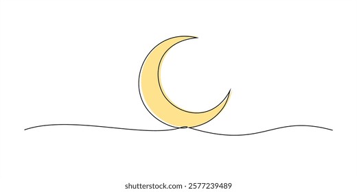 One continuous line drawing of crescent. Ramadan Kareem banner in simple linear style. Doodle contour. Eid mubarak design element. 