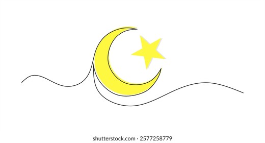 One continuous line drawing of crescent and star. Ramadan Kareem banner in simple linear style. Doodle contour. Eid mubarak design 