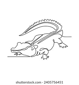 Eine durchgehende Zeichnung der Krokodilvektorgrafik. Entdecken Sie die Geheimnisse ihrer Raubtier-Strategien im Hinterhalt und nutzen Sie die Stille und Tarnung, um Beute zu überraschen. Designthemen für Tiere