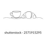 One continuous line drawing croissant with coffee mug. Breakfast in simple linear style, Pastry Croissant. Coffee cup and croissant continuous line drawing. Vector illustration isolated on white.