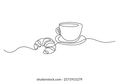 One continuous line drawing croissant with coffee mug. Breakfast in simple linear style, Pastry Croissant. Coffee cup and croissant continuous line drawing. Vector illustration isolated on white.