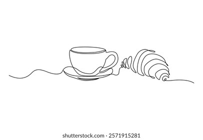 One continuous line drawing croissant with coffee mug. Breakfast in simple linear style, Pastry Croissant. Coffee cup and croissant continuous line drawing. Vector illustration isolated on white.