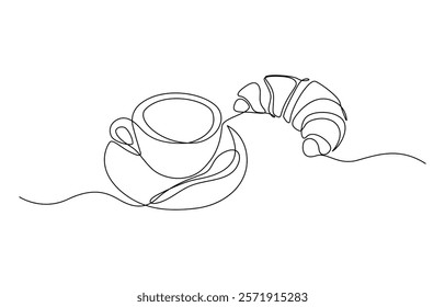 One continuous line drawing croissant with coffee mug. Breakfast in simple linear style, Pastry Croissant. Coffee cup and croissant continuous line drawing. Vector illustration isolated on white.