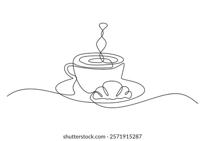 One continuous line drawing croissant with coffee mug. Breakfast in simple linear style, Pastry Croissant. Coffee cup and croissant continuous line drawing. Vector illustration isolated on white.